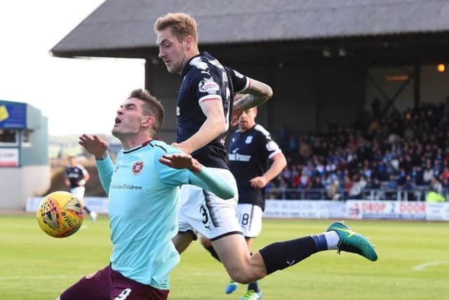 Hearts striker Kyle Lafferty is challenged by Dundee's Kevin Holt. Pic: SNS