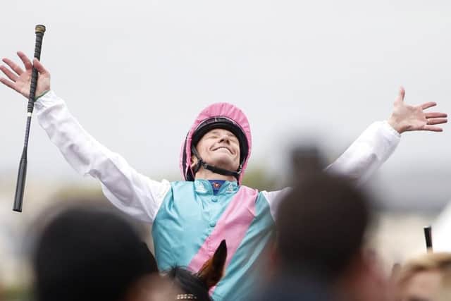 Frankie Dettori celebrates after riding Enable to Arc victory. Picture: Getty.