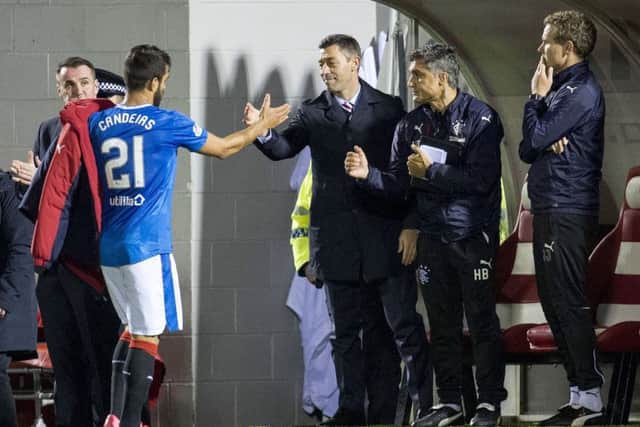 Rangers manager Pedro Caixinha (centre) with Daniel Candeias as the winger is substituted. Picture: SNS