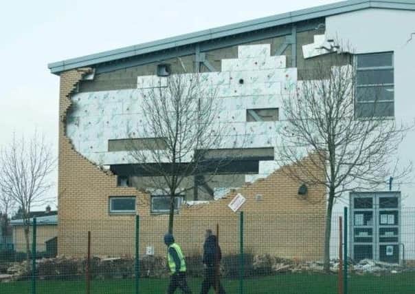 The collapsed wall at Oxgangs Primary following Storm Gertrude. Picture: Toby Williams