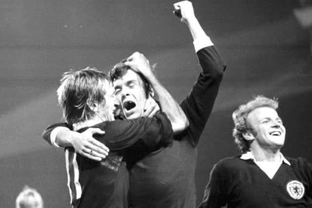 Joe Jordan celebrates with Tommy Hutchison, left, and Billy Bremner after his winning goal against Czechoslovakia in 1973. Picture Allan Milligan/TSPL