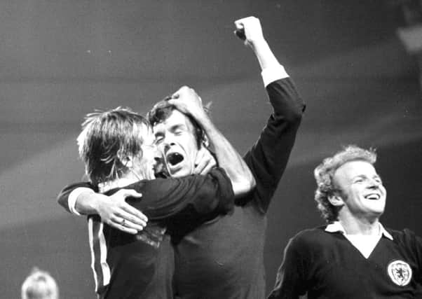 Joe Jordan celebrates with Tommy Hutchison, left, and Billy Bremner after his winning goal against Czechoslovakia in 1973. Picture Allan Milligan/TSPL