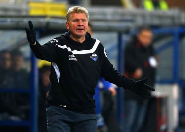 Stefan Effenberg shouts instructions from the touchline as SC Paderborn take on RB Leipzig. Picture: Getty Images
