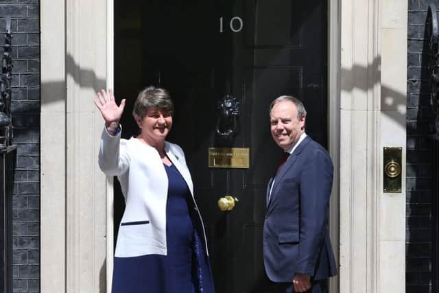LONDON, ENGLAND - JUNE 13:  DUP leader Arlene Foster and MP Nigel Dodds arrive at 10 Downing Street on June 13, 2017 in London, England. Discussions between the DUP and the Conservative party are continuing in the wake of the UK general election as Prime Minister Theresa May looks to form a government with the help of the Democratic Unionist party's ten Westminster seats.  (Photo by Jack Taylor/Getty Images)