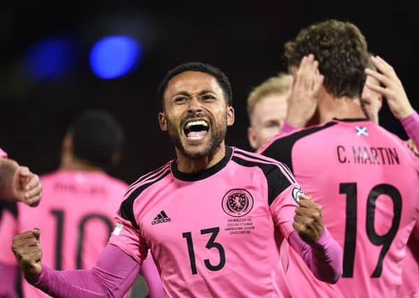 Ikechi Anya celebrates Scotland's winning goal at Hampden Park on Thursday night. Another win on Sunday would be further cause to celebrate.