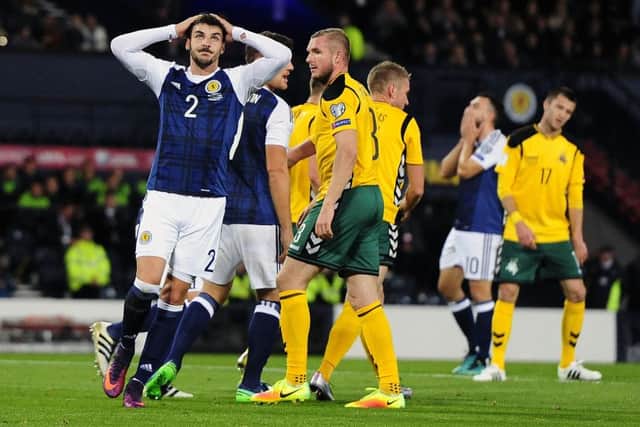 Callum Paterson holds his head during the 1-1 draw with Lithuania at Hampden last October, the most disappointing result of the World Cup qualifying campaign. Picture Michael Gillen