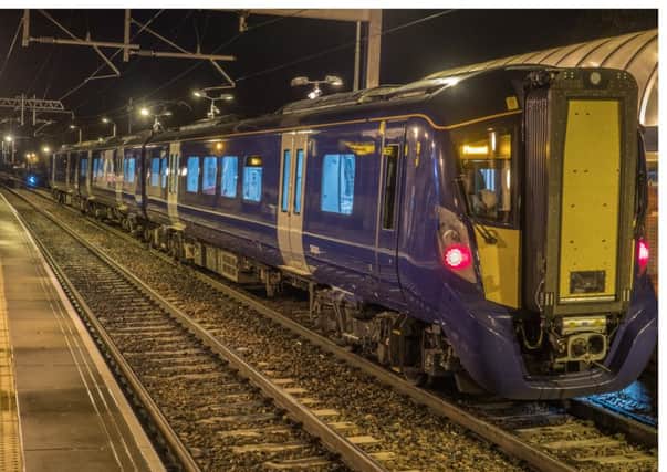 A Class 385 train at Linlithgow station during early testing of the electrified Glasgow-Edinburgh mainline. Picture: ScotRail
