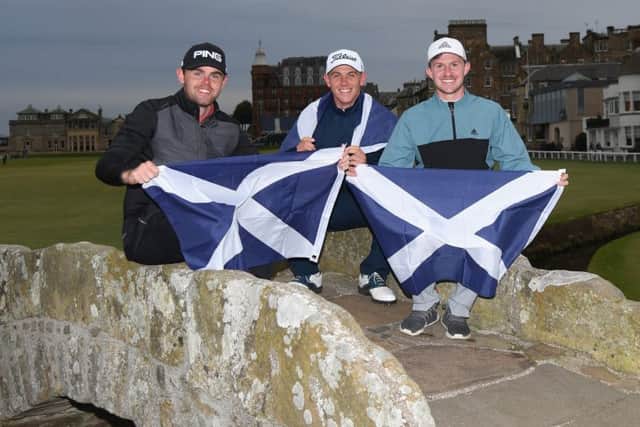 Connor Syme, right, pictured on the Swilken Bridge with Liam Johnston, left, and Grant Forrest has made an impressive start to his pro career. Picture: Ross Kinnaird/Getty Images
