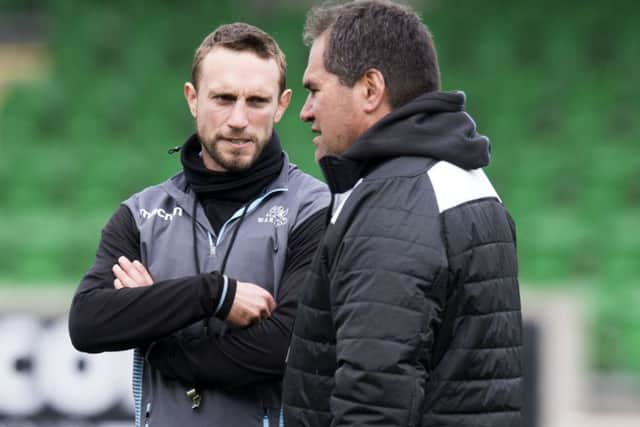 Glasgow Warriors head coach Dave Rennie with assistant Mike Blair during training at Scotstoun