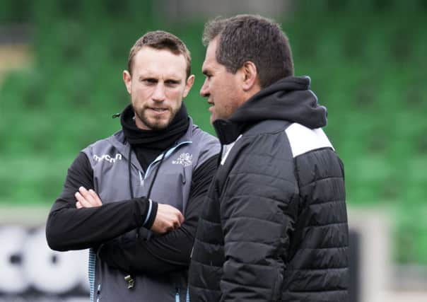 Glasgow Warriors head coach Dave Rennie  with assistant Mike Blair during training at Scotstoun