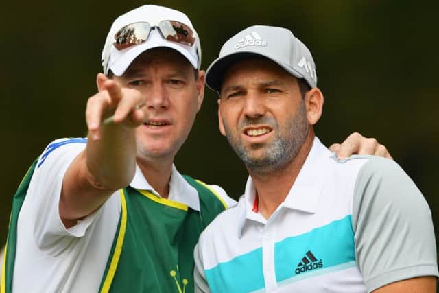 Masters champion Sergio Garcia of Spain and his caddie Glen Murray in discussion during the Pro-Am tournament ahead of the Italian Open. Picture: Stuart Franklin/Getty