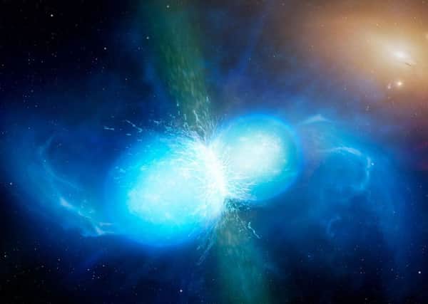 Artist's impression issued by the University of Warwick of two neutron stars colliding. Picture: University of Warwick/Mark Garlick/PA Wire