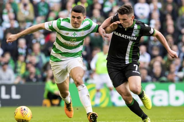 Celtic's Tom Rogic views with John McGinn during last month's match. Picture: Alan Harvey/SNS