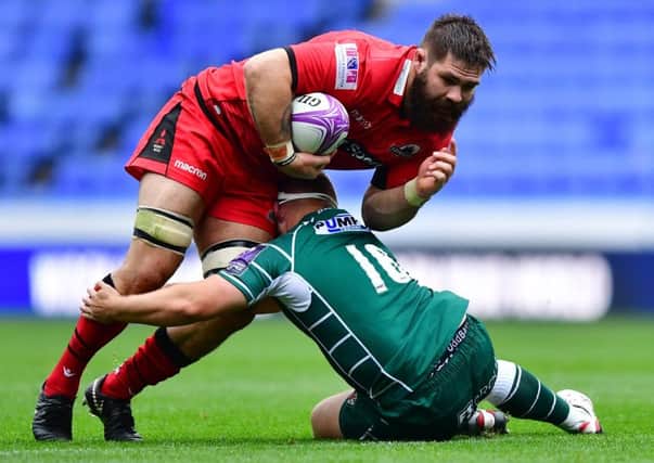 Edinburgh's Cornell du Preez is tackled by Todd Gleave of London Irish. Picture: Getty