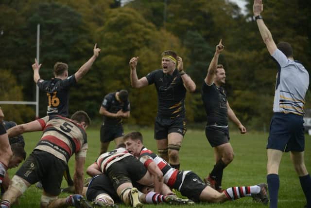 Currie celebrate the try, that secured the win over visitors Stirling. Picture: Andrew O'Brien