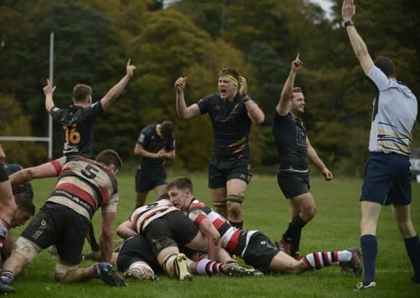 Currie celebrate the try, that secured the win over visitors Stirling. Picture: Andrew O'Brien