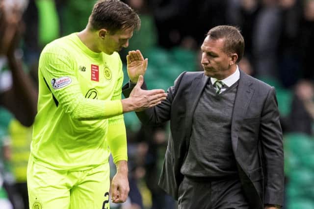 Celtic manager Brendan Rodgers with Dorus de Vries at full-time. Picture: SNS