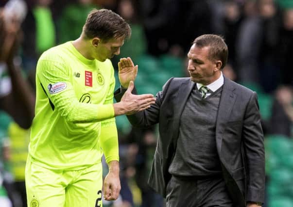 Celtic manager Brendan Rodgers with Dorus de Vries at full-time. Picture: SNS