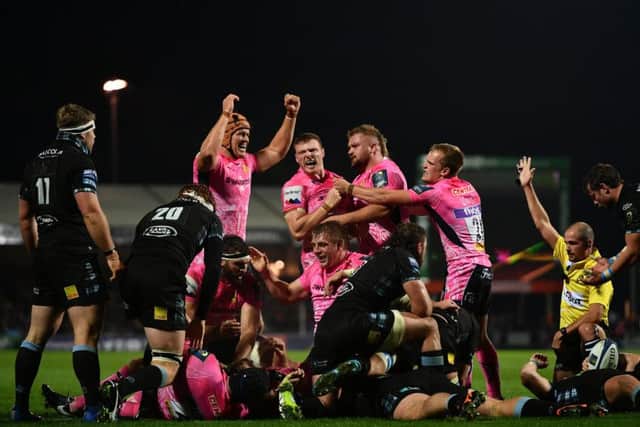 Exeter celebrate after Sam Simmonds scores his side's third try. Picture: Getty