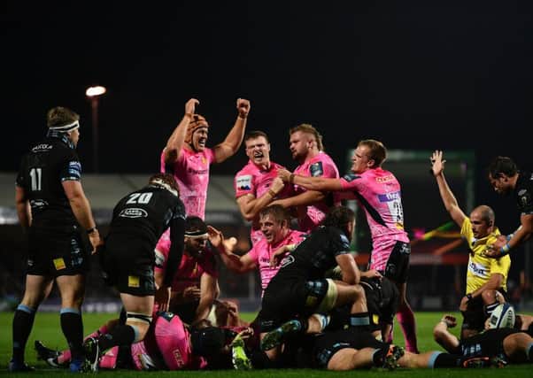 Exeter celebrate after Sam Simmonds scores his side's third try. Picture: Getty