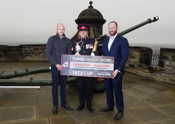 Simon Webster and Graeme Morrison help promote ticket sales for  this seasons 1872 Cup opener at BT Murrayfield on 23 December. Picture: SNS.