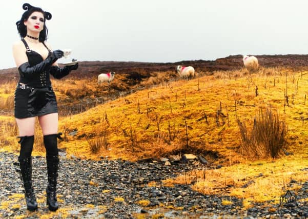 The Sauceress: Dr Claire Gerrard, aka Spectra Vox, poses near her home on Lewis for the Goth on the Croft calendar. PIC: Chris Macleod.