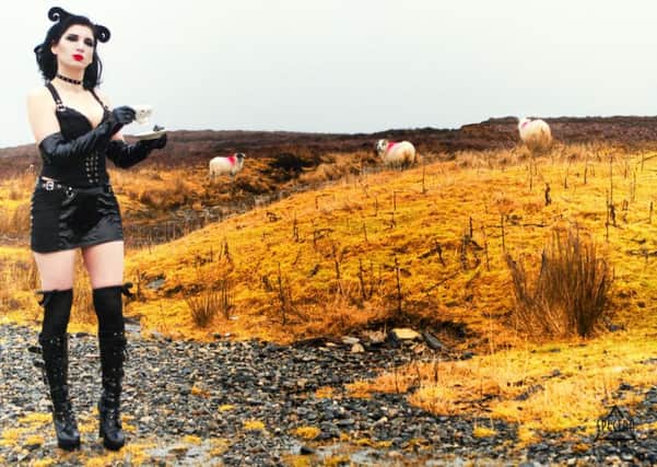 The Sauceress: Dr Claire Gerrard, aka Spectra Vox, poses near her home on Lewis for the Goth on the Croft calendar. PIC: Chris Macleod.