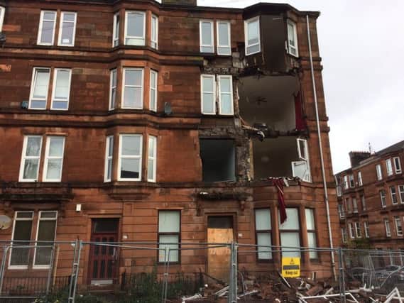 The frontage of the tenement block in Crosshill collapsed at around 4am. Picture: Sean Murphy/TSPL