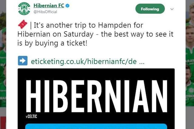 Hibs posted this tweet, taking a sly dig at BT Sport. Picture: Twitter/HibsOfficial