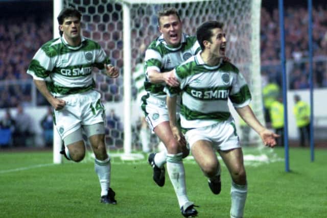 John Collins and Paul Byrne celebrates a goal for Celtic against Rangers at Ibrox in November 1993. Picture: Allan Milligan