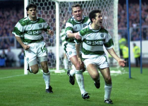 John Collins and Paul Byrne celebrates a goal for Celtic against Rangers at Ibrox in November 1993. Picture: Allan Milligan