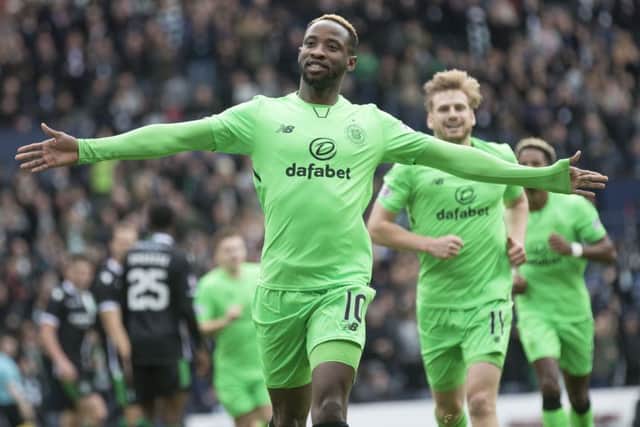 Moussa Dembele of Celtic celebrates scoring against Hibs in the Betfred Cup semi-final at Hampden Park. Picture: Steve Welsh/Getty Images