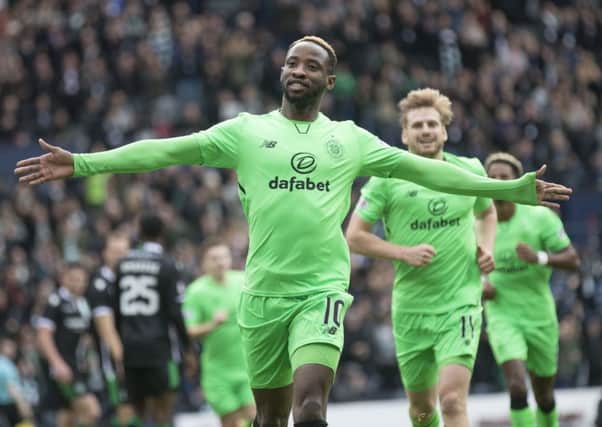 Moussa Dembele of Celtic celebrates scoring against Hibs in the Betfred Cup semi-final at Hampden Park. Picture: Steve Welsh/Getty Images