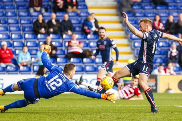 Ross County's Craig Curran has a chance to open the scoring but is denied by Ryan Fulton. Picture: SNS/Roddy Scott