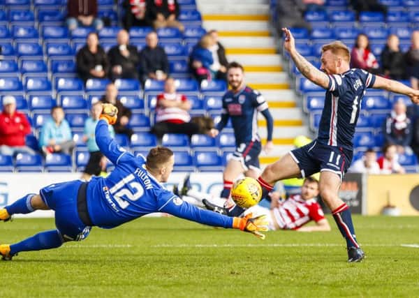 Ross County's Craig Curran has a chance to open the scoring but is denied by Ryan Fulton. Picture: SNS/Roddy Scott