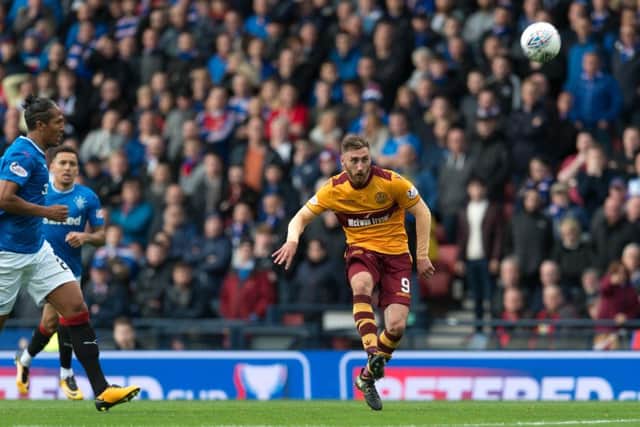 Louis Moult of Motherwell scores the second goal for his team during the Bettered Cup Semi Final between Rangers & Motherwell at Hampden Park, Glasgow, Scotland. Picture: Ian Sneddon/Universal News And Sport (Scotland) 22/10/17