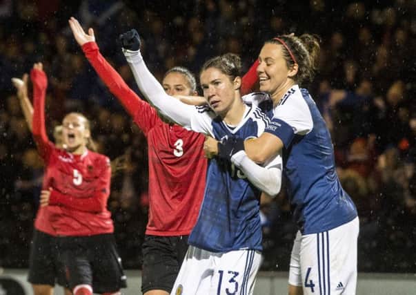 Scotland's Jane Ross celebrates after making it 3-0. Picture: Ross MacDonald/SNS