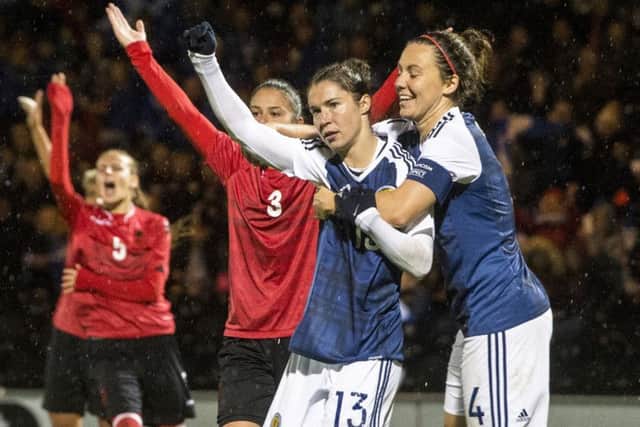Scotland's Jane Ross celebrates after making it 3-0. Picture: Ross MacDonald/SNS