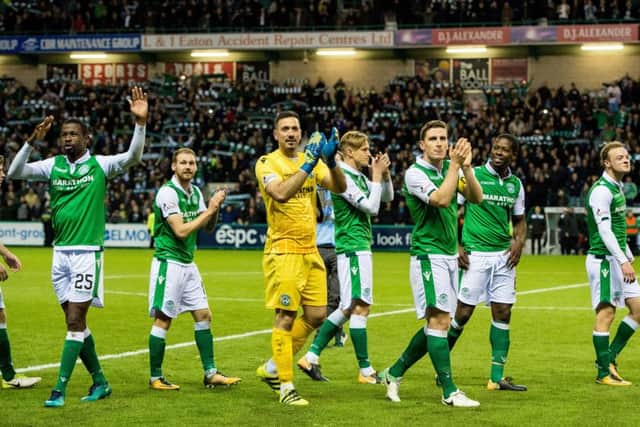The victorious Hibs players after full-time. Picture: SNS