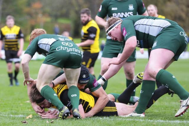 Grant Shiels scores after a Melrose forward move as Hawick were put under the cosh. Photograph: Graham Stuart/SNS