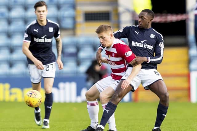Dundee's Glen Kamara (right) and Hamilton's Greg Docherty. Picture: SNS/Alan Rennie