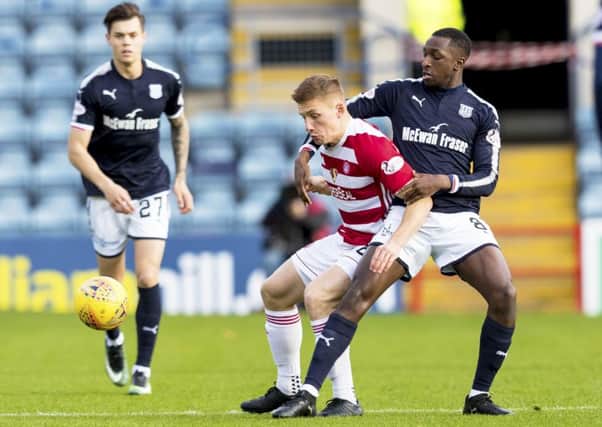 Dundee's Glen Kamara (right) and Hamilton's Greg Docherty. Picture: SNS/Alan Rennie