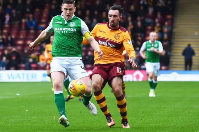 Hibernian's Paul Hanlon holds off Motherwell's Ryan Bowman. Picture: SNS/Craig Foy