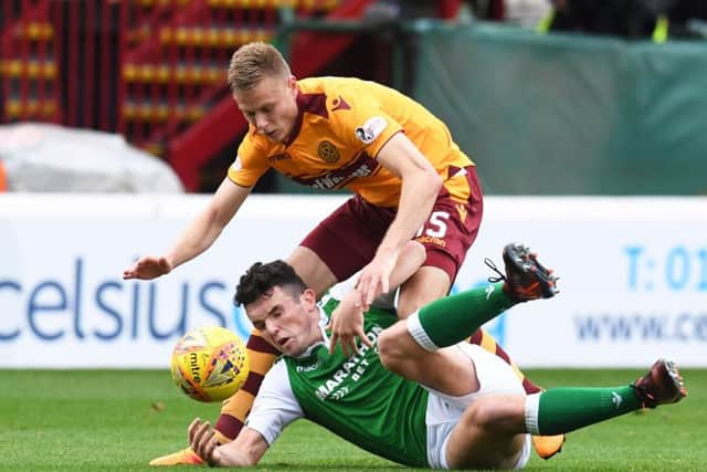 28/10/17 LADBROKES PREMIERSHIP
MOTHERWELL v HIBERNIAN (0-1)
FIR PARK - MOTHERWELL
Hibernian's John McGinn (below) in action with Motherwell's Andy Rose.