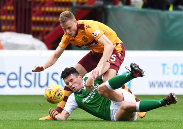 28/10/17 LADBROKES PREMIERSHIP
MOTHERWELL v HIBERNIAN (0-1)
FIR PARK - MOTHERWELL
Hibernian's John McGinn (below) in action with Motherwell's Andy Rose.