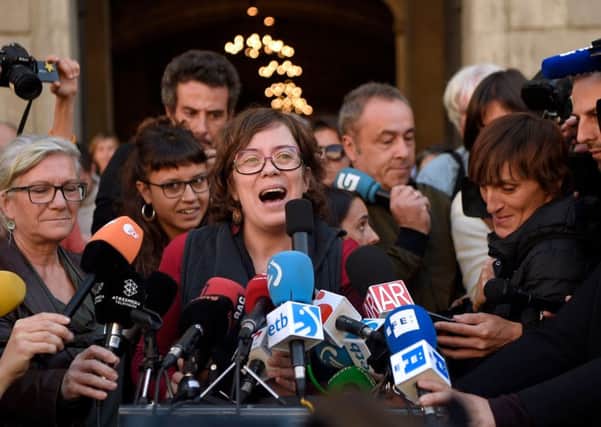 Catalan pro-independence politican Eulalia Reguant speaking to the media. Picture: Getty