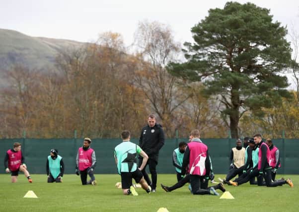 Brendan Rodgers gives instructions as Celtic take part in a training session at Lennoxtown. Picture: Getty Images
