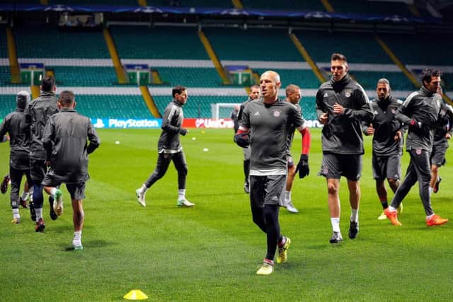 Bayern Munich familiarise themselves with Celtic Park during a team training session last night. Picture: AFP/Getty Images