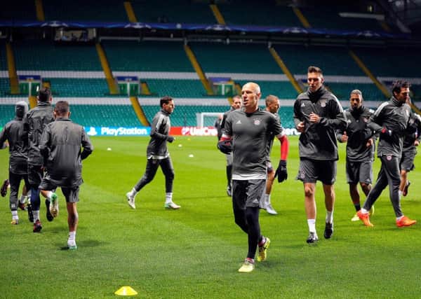 Bayern Munich familiarise themselves with Celtic Park during a team training session last night. Picture: AFP/Getty Images