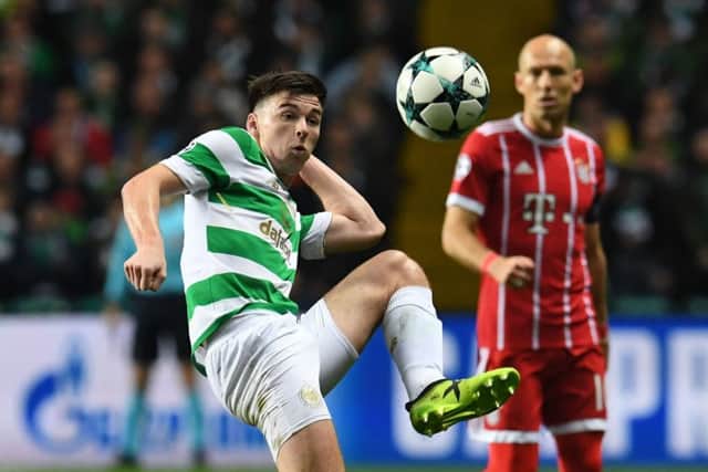 Kieran Tierney did not have as much licence to go forward but was defensively robust against Bayern Munich. Picture: SNS.